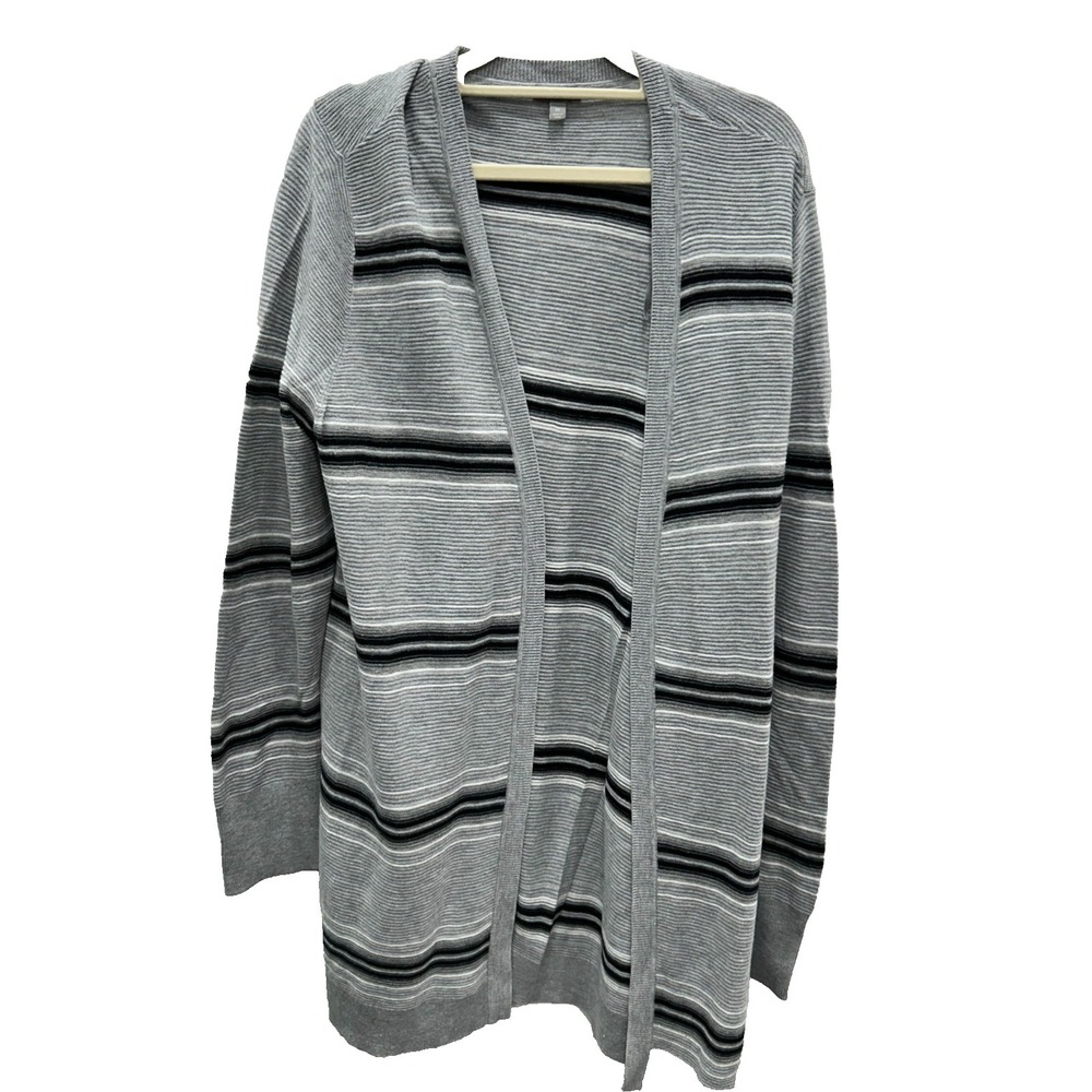 Talbots Cardigan Duster 1X Gray Striped Open Front Knit Long Sleeve Elbow Patch